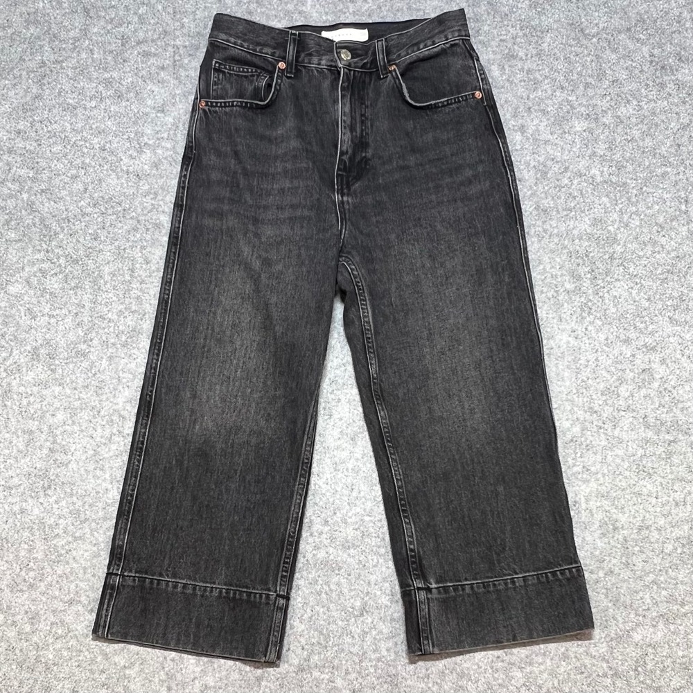 Topshop Women Black High Waisted Wide Leg Cropped Jeans W28 L30 1820